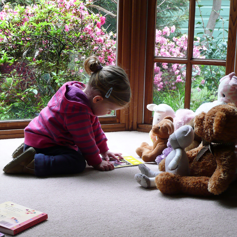 child reading book about to toy animals
